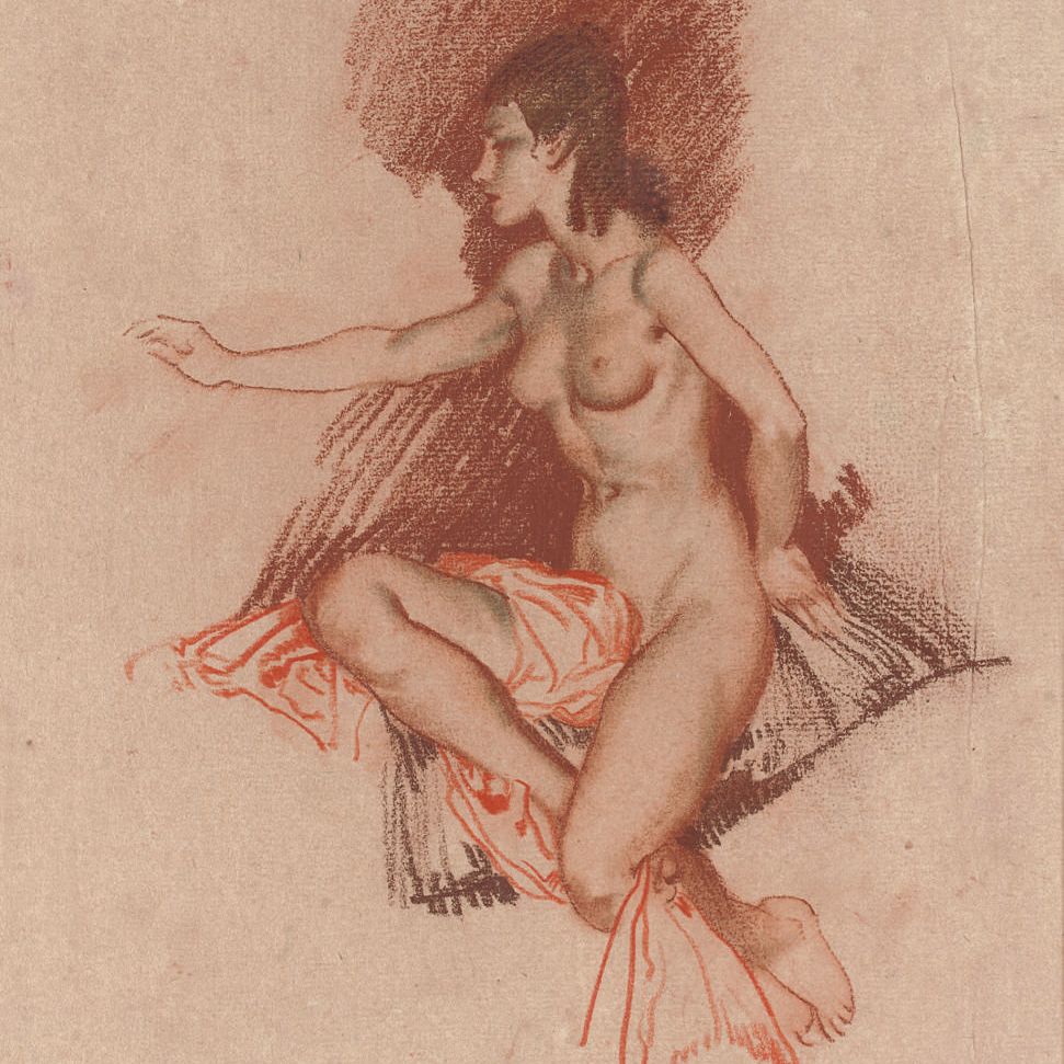 William Russell Flint — Этюд обнаженной женщины, сидящей с вытянутой правой рукой