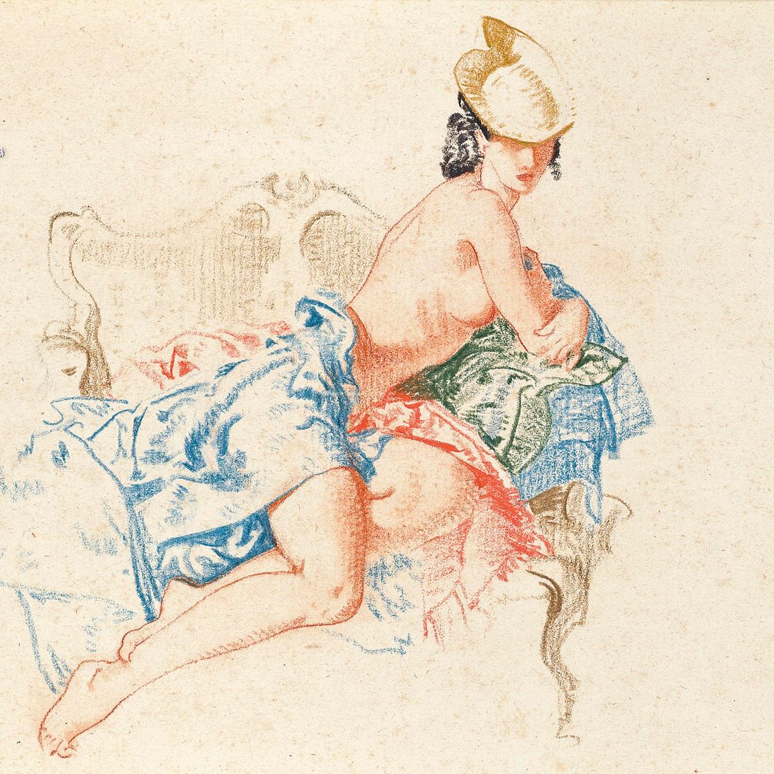 William Russell Flint — Женщина-модель в шляпе сидит на диване