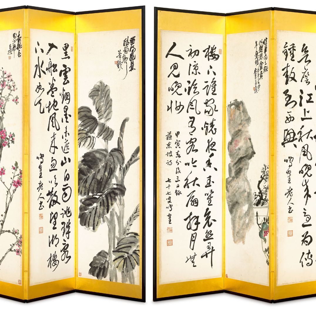 Wu Changshuo — Панно-ширмы из цветов и каллиграфии, изображение 1