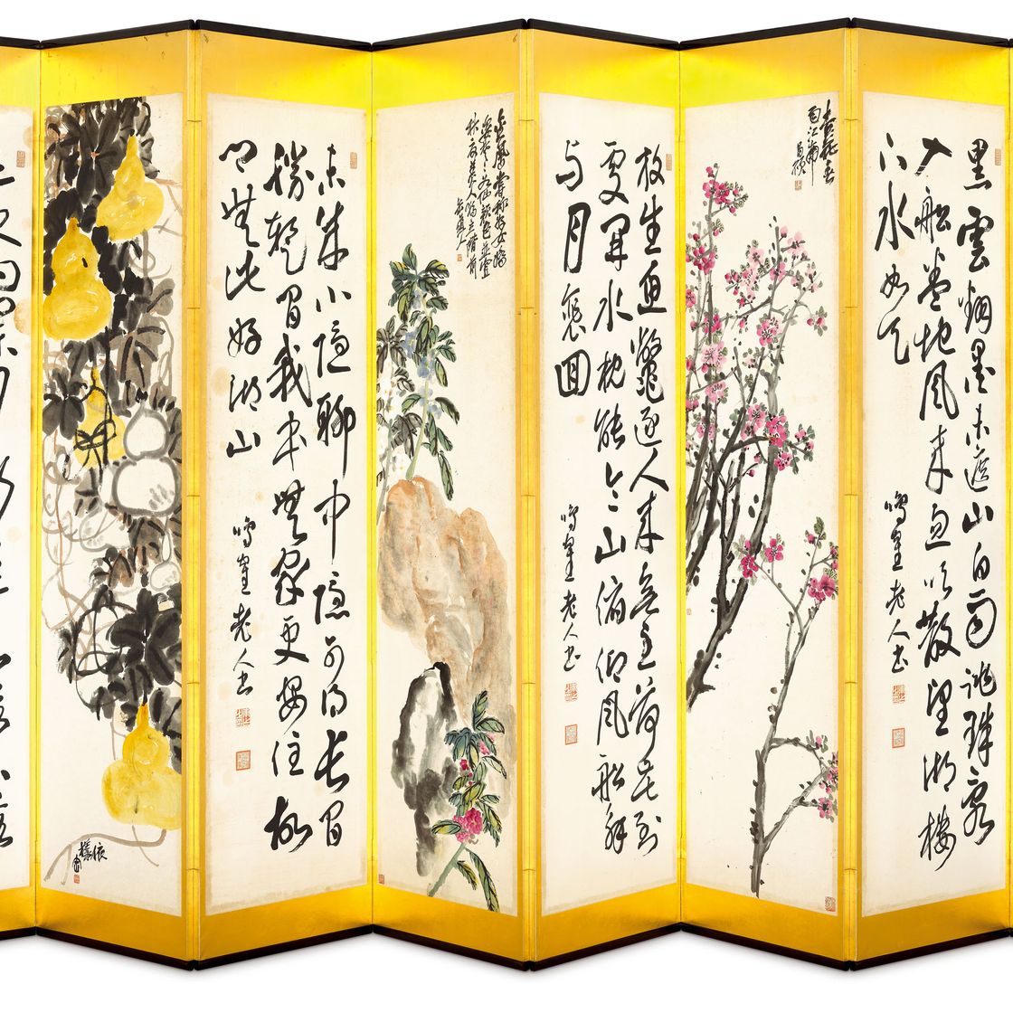 Wu Changshuo — Панно-ширмы из цветов и каллиграфии, изображение 3