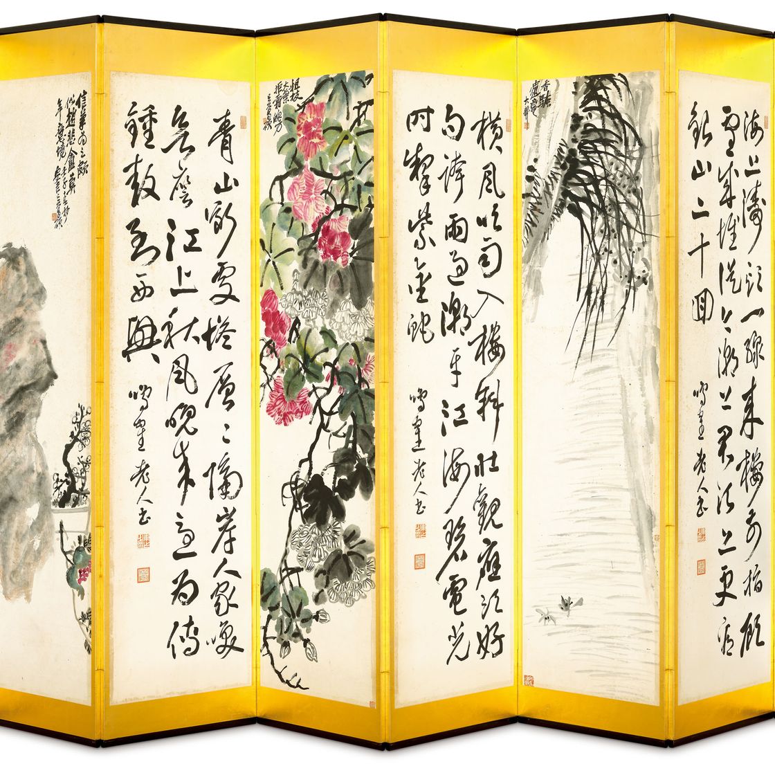 Wu Changshuo — Панно-ширмы из цветов и каллиграфии, изображение 4