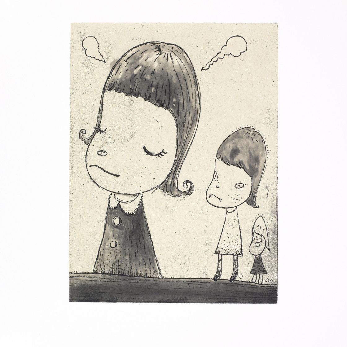 Yoshitomo Nara — Братья с насморком; Ю.Н. (автопортрет); Зеленые глаза; Ночной бродяга; На букву "Ф"; Дождливый день; Веди себя хорошо; Смирительная рубашка; Споки-офф; Туманный день; На вершине мира; и стань мыслителем, изображение 7