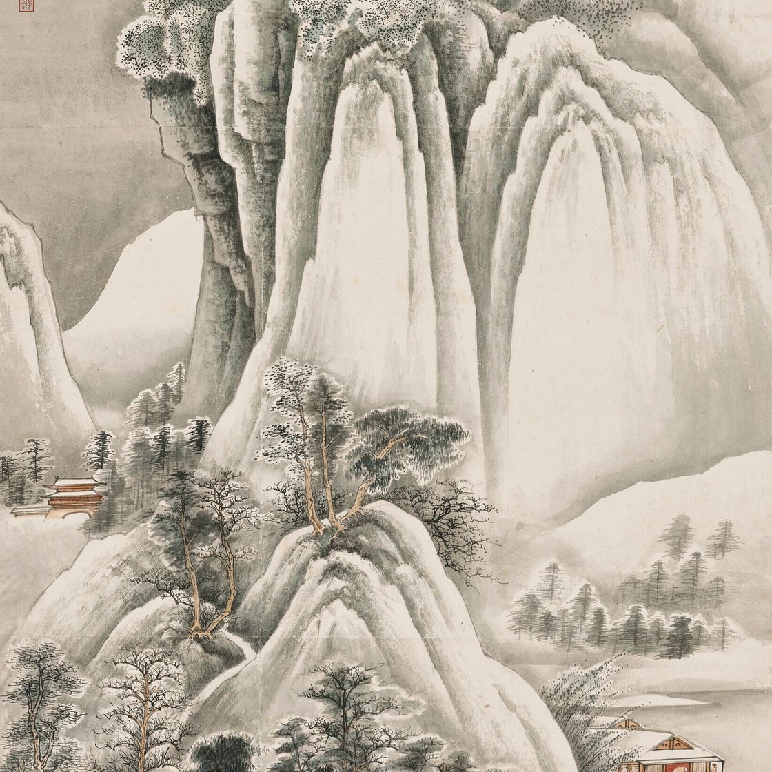 Zhang Daqian — Сильный снегопад на горном перевале, изображение 1