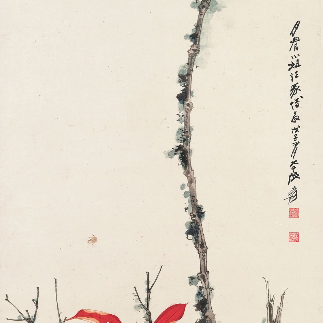 Zhang Daqian — Белая птица сидела на ветке с красными листьями