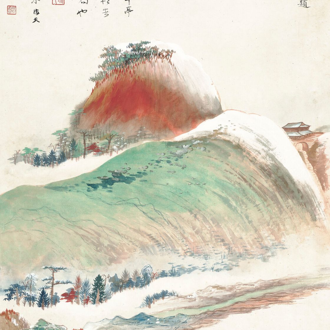Zhang Daqian — Красная гора со снежным пейзажем, изображение 1