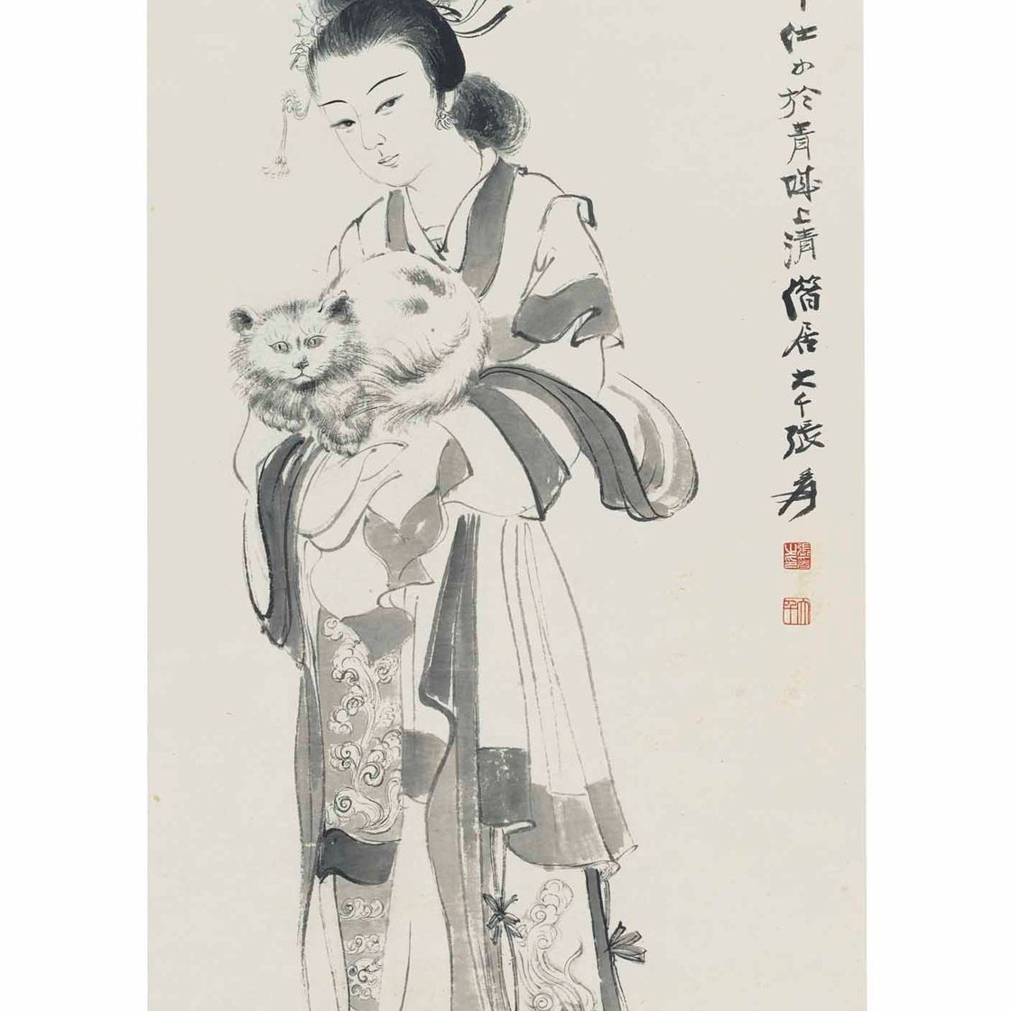 Zhang Daqian — Дама с кошкой на руках