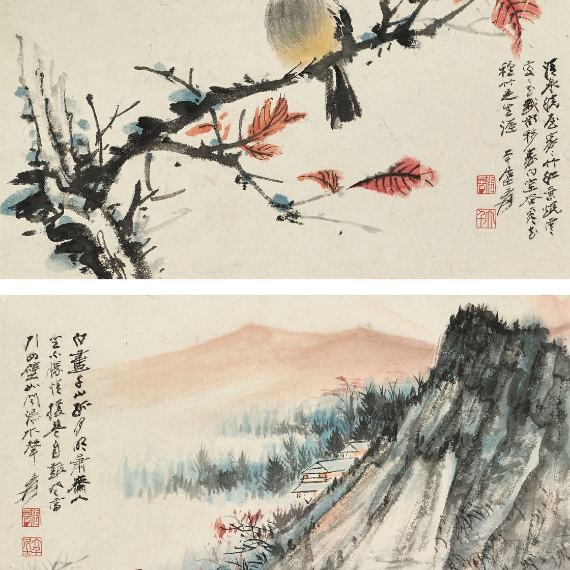 Zhang Daqian — Птица и красные листья/ Беседа у обрыва
