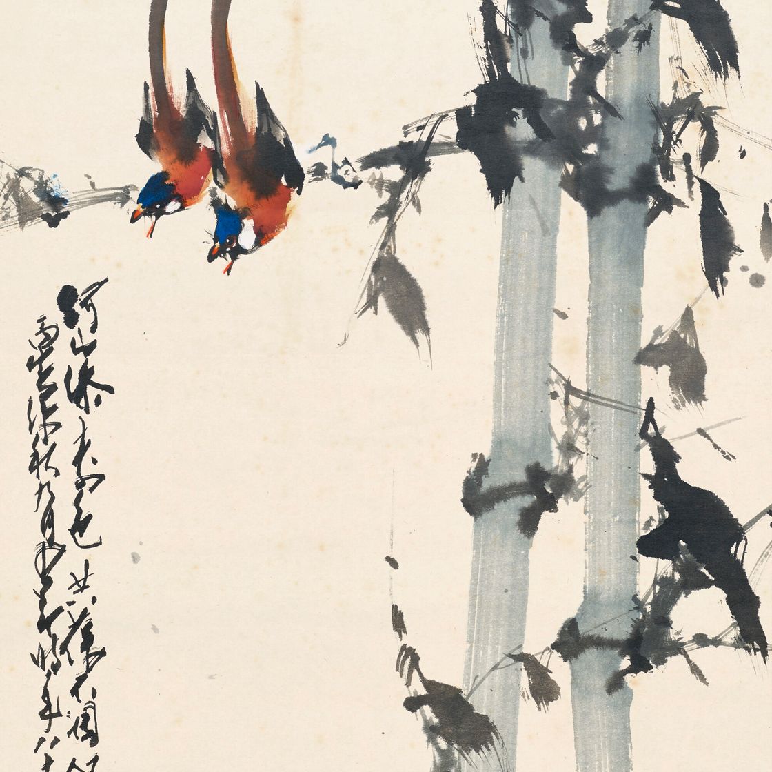 Zhao Shao'ang — Две птицы на бамбуковой ветке, изображение 1