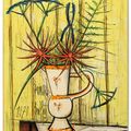 Bernard Buffet — Букет красных и голубых цветов с желтым оттенком, ваза белого и оранжевого цветов, изображение 1