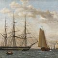 Christoffer Wilhelm Eckersberg — Вид на город Хельсингор, мед-ан-Данск, Корветы до Анкерса, самт Ногле и Андре катаются на лыжах под водой до Анкерса (Вид на юг с рейда Эльсинора с датским корветом на якоре и более мелкими судами, одни под парусами, другие на якоре)., изображение 1