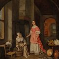 Dutch School — Внутренняя сцена с дамой, указывающей на кухарку, протирающую серебряную тарелку, коридор и сад, виднеющиеся через дверной проем за ней., изображение 1