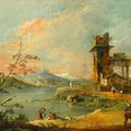 Francesco Guardi — Каприччио с изображением деревенской башни на берегу озера, за которым видны горы, изображение 1