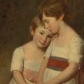 George Romney — Двойной портрет двух родных сестер в три четверти роста, в белых платьях с красно-розовым поясом, на фоне пейзажа, изображение 1