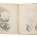 George Romney — Два частично разобранных альбома для рисования: первые 7 листов в переплете из мраморной бумаги с рисунками предполагаемого дизайна дома и письмом; вторые 17 листов без переплета с различными набросками головы и некоторыми композиционными рисунками, в том числе для "Портрета миссис Морвуд", "Смерти генерала Вулфа" и "Короля Лира"., изображение 1