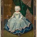 German School — Портрет Марии Элеоноры Штиберин (1752-1752) в серебристом платье с розовой вышивкой, с розой в руках, на голубой подушке с кисточками., изображение 1