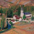 Henri Martin — Церковь Лабастид-дю-Верт, у моста и реки, на осеннем вечере, изображение 1