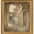 Hubert Robert — Огромное здание с колоннадой, крыша частично открыта небу, девушки стирают белье у фонтана под статуей сидящего мужчины, изображение 2