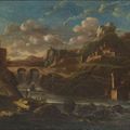 Italian School — Итальянский речной пейзаж с солдатами, отдыхающими на берегу, фигурами, переходящими по мосту через водопад за ним., изображение 1