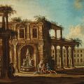 Italian School — Каприччио с путешественником, три фигуры, беседующие у фонтана, и фигура верхом на лошади, изображение 1