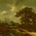Jacob Van Ruisdael — Лесистый пейзаж с коттеджами, деревенскими жителями и собакой за ними, изображение 1