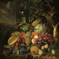 Jan Davidsz. de Heem — Дыни, персики, виноград, сливы и другие фрукты и овощи с насекомыми на лесной подстилке, изображение 1