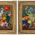 Jan van Huysum — Розы и другие цветы в терракотовой вазе с птичьим гнездом на мраморном выступе; фрукты, розы и пионы в корзине с лесными орехами на мраморном выступе, изображение 2