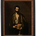 Jusepe de Ribera — Философ, невысокий, в рваной белой рубашке и коричневой куртке, с книгами и плетеной фляжкой в руках, изображение 2