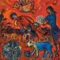 Marc Chagall — Любовь в деревне на фоне красного фон-ружа, изображение 1