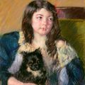 Mary Cassatt — Франсуаза, держащая на руках маленькую собачку, смотрит далеко вправо, изображение 1