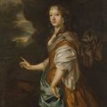 Peter Lely — Портрет дамы в три четверти роста, в золотистом платье и голубой накидке, пейзаж за окном, изображение 1