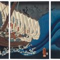Utagawa Kuniyoshi — На Минамото Есицунэ и его людей нападают призраки воинов Хэйкэ, утонувших в битве при Даноуре, Бэнкэй отталкивает их с кормы лодки, по мотивам пьесы Но Фуна Бэнкэй ("Бэнкэй в лодке")., изображение 1