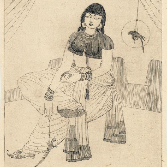 Abdur Rahman Chughtai — Без названия (Дама с попугаем в клетке)