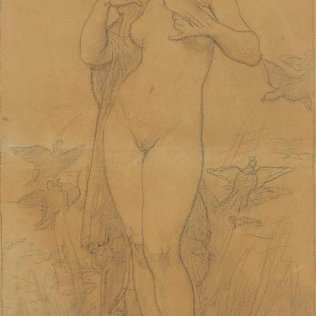 Adolphe William Bouguereau — Обнаженная женщина, стоящая в окружении голубей