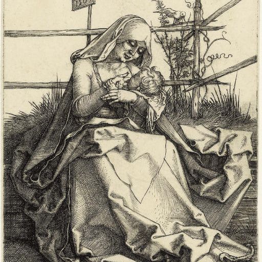 Albrecht Dürer — Богородица с младенцем на заросшей травой скамье (Б. 34; М., Зал. 31; С.М.С. 36)