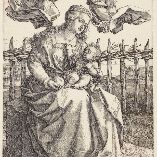Albrecht Dürer — Богородица с Младенцем, увенчанные двумя ангелами (Б. 39; М., Зал. 38; С.М.С. 84)