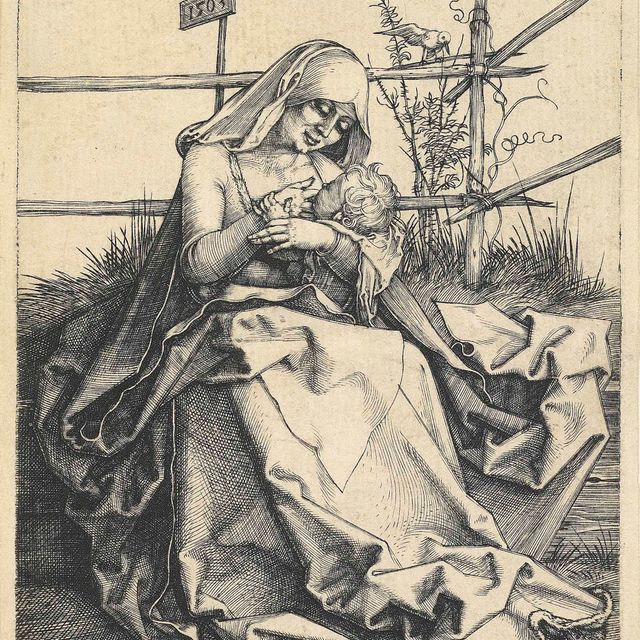 Albrecht Dürer — Богородица с младенцем на травянистой скамейке