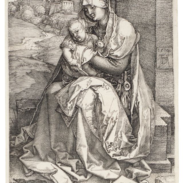 Albrecht Dürer — Богородица с Младенцем, сидящие у стены