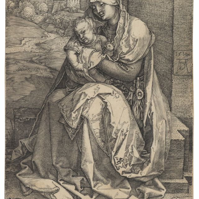 Albrecht Dürer — Богородица с Младенцем, сидящие у стены
