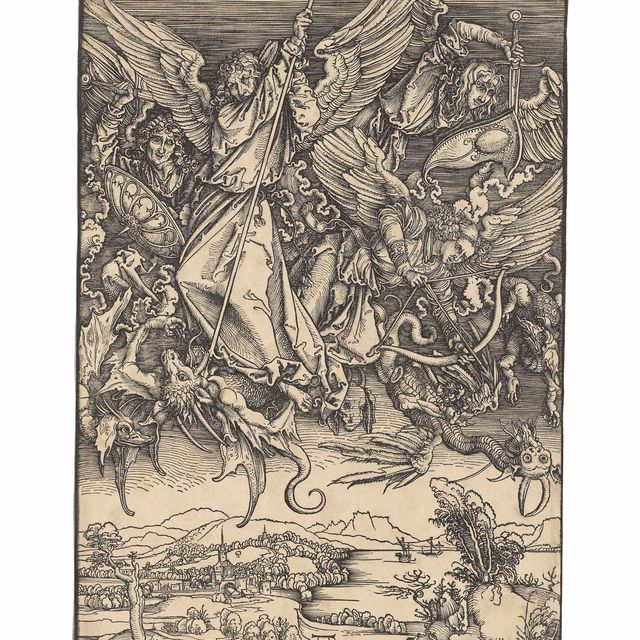 Albrecht Dürer — Святой Михаил, сражающийся с драконом, из Апокалипсиса (ч. 72; М., гл. 174; С.М.С. 122)