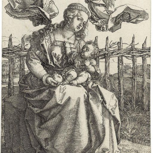 Albrecht Dürer — Богородица с Младенцем, увенчанные двумя ангелами (Б. 39; М., Зал. 38; С.М.С. 84)
