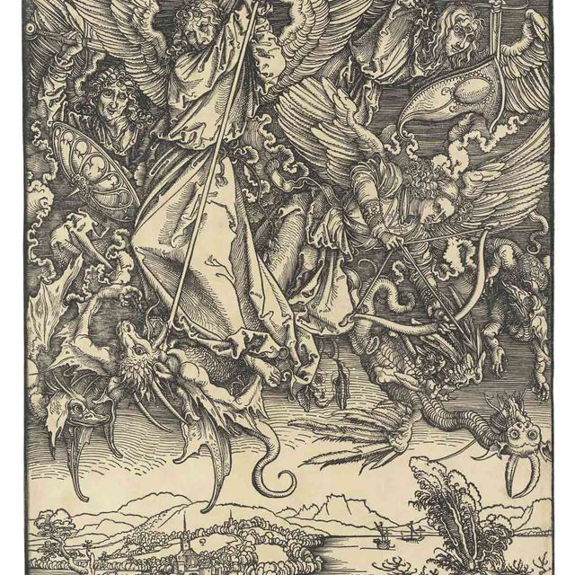 Albrecht Dürer — Святой Михаил, сражающийся с драконом, из Апокалипсиса (ч. 72; М., гл. 174; С.М.С. 122)
