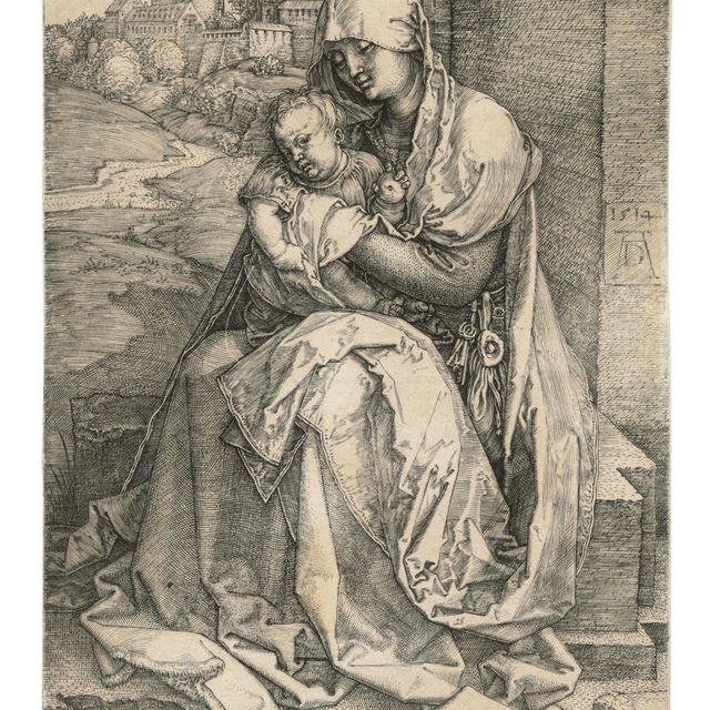 Albrecht Dürer — Богородица с Младенцем, сидящие у стены