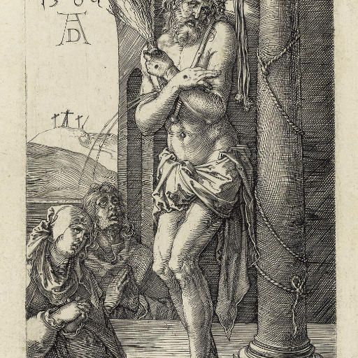 Albrecht Dürer — Скорбящий человек, стоящий у колонны, с гравюры "Страсти Господни" (Б., М., Зал. 3; С.М.С. 45)