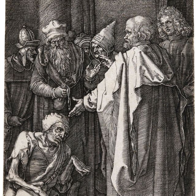 Albrecht Dürer — Святые Петр и Иоанн, исцеляющие калеку у ворот храма, с гравюры "Страсти Господни".