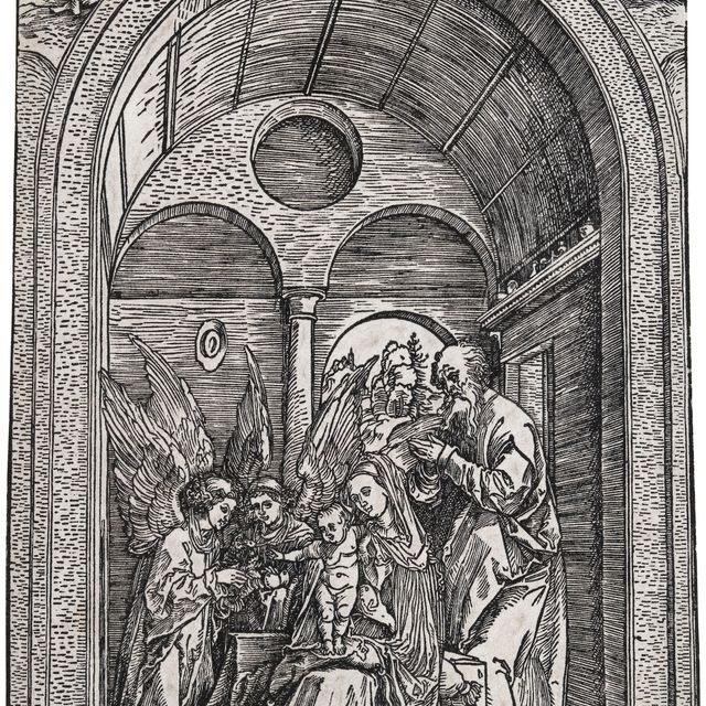 Albrecht Dürer — Святое семейство с двумя ангелами в сводчатом зале