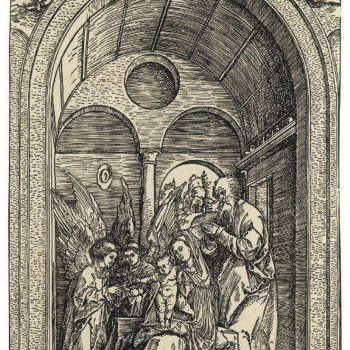 Albrecht Dürer — Святое семейство с двумя Ангелами в сводчатом зале (Б. 100; М., зал 213; С.М.С. 132)