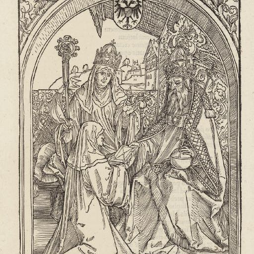 Albrecht Dürer — Хросвита предлагает свою книгу императору Оттону I, иллюстрация 2 из оперы "Хросвита Иллюстрис" (М., Зал. 243, илл. сочинения XIV, № 2; S.M.S. 268.2)