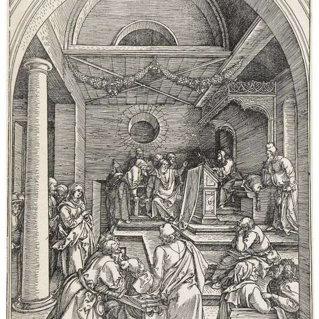 Albrecht Dürer — Христос среди врачей, из книги "Жизнь Пресвятой Девы" (Барч, 91; Медер, Холстейн, 203)
