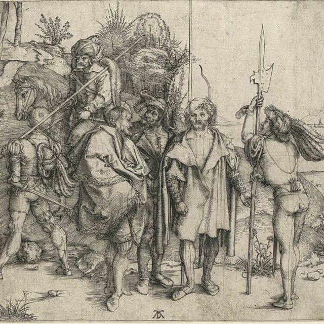 Albrecht Dürer — Пятеро солдат и турок верхом на лошадях (Б. 88; М., Гол. 81; С.М.С. 4)
