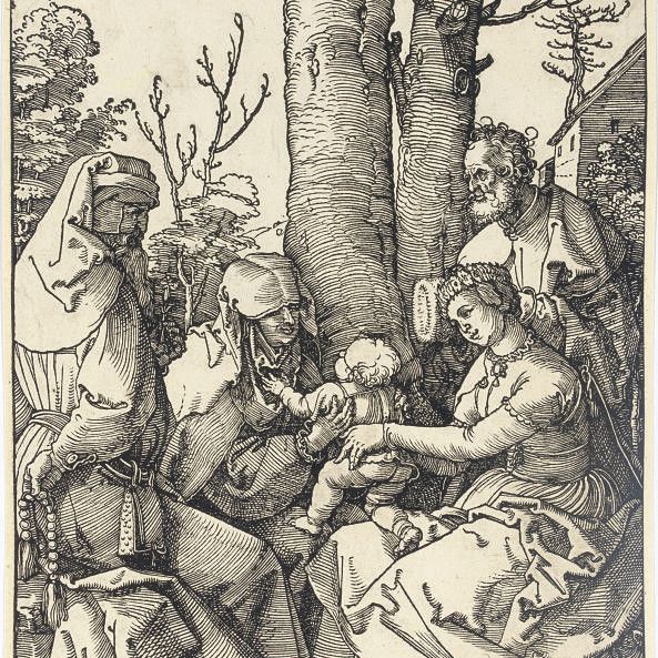 Albrecht Dürer — Святое семейство с Иоакимом и Анной под деревом (ч. 96; М., Зал. 215; С.М.С. 226)